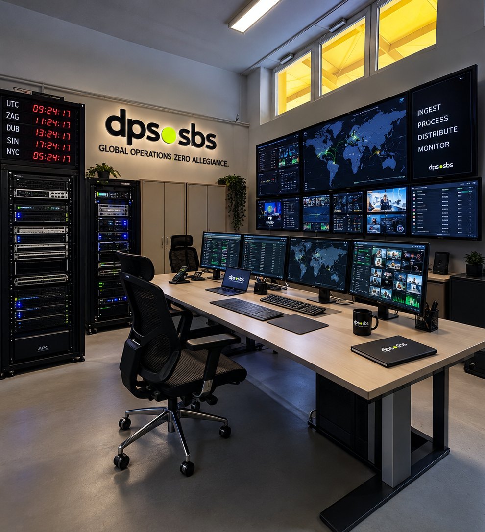 The small MCR room in Osijek: monitor wall, operator desk and equipment racks.